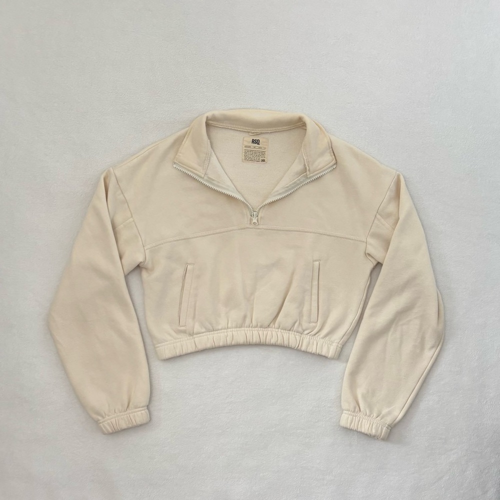 RSQ Half Zip Ivory Longsleeve Mock Neck Cropped Sweatshirt With Pockets